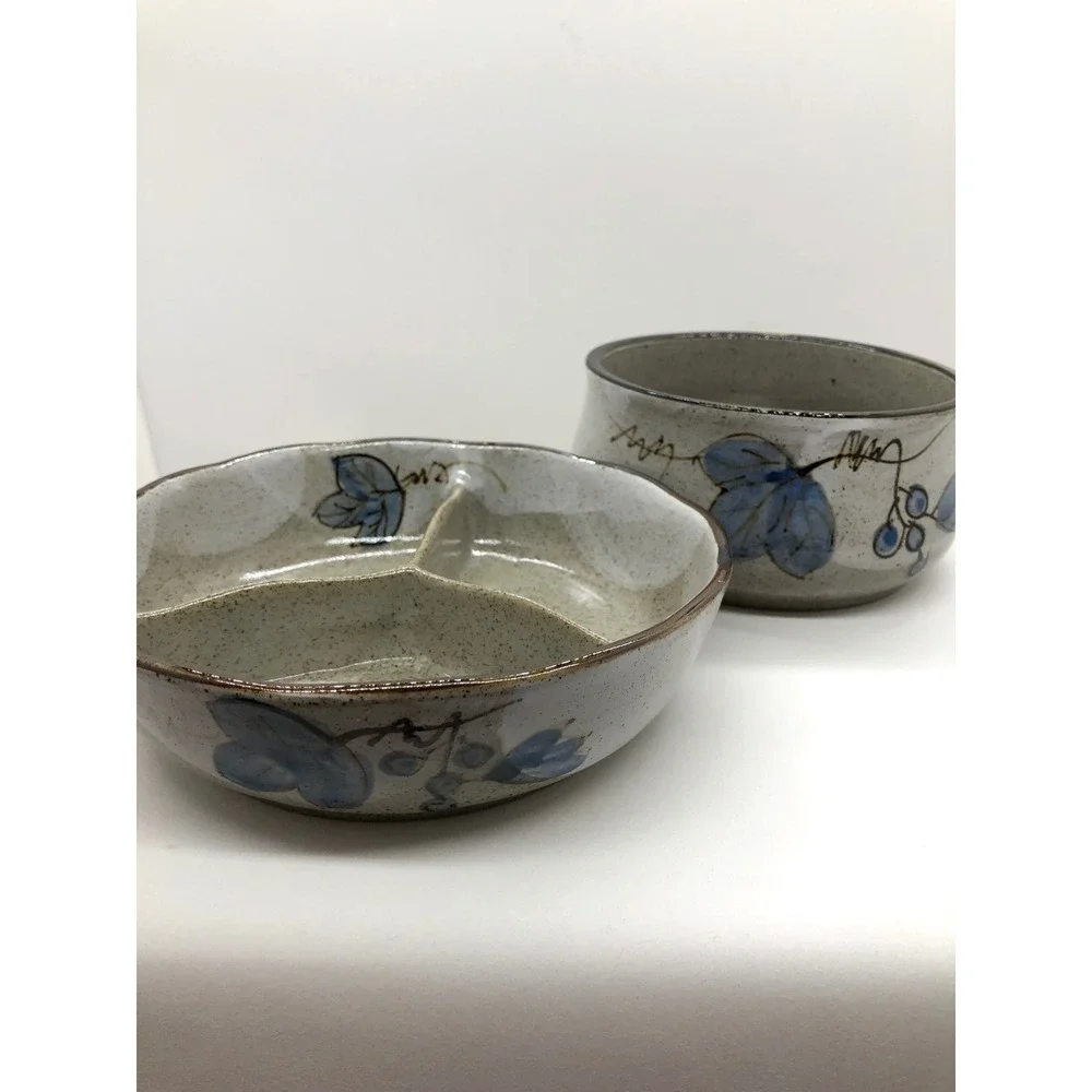 Artisan Stoneware Pottery Set‎ Blue Leaf Speckled Gray Divided Dish & Deep Bowl